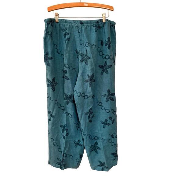 hot cotton marc ware linen pants turquoise Sz.L  100% Linen Floral design - Picture 2 of 6